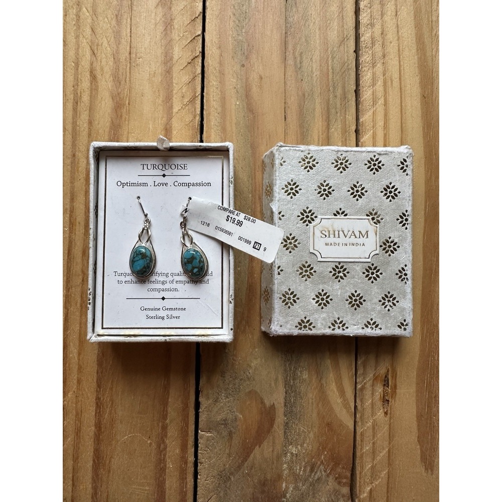 SHIVAM .925 STERLING SILVER TURQUOISE EARRINGS TEARDROP GEMSTONE DANGLE NIB!‎